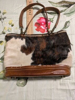TCB Leather & Cowhide Shoulder Bag in Brown and White